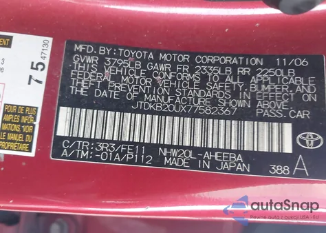 2007 Toyota Prius z USA, uszkodzony, nr VIN JTDKB20UX77582367